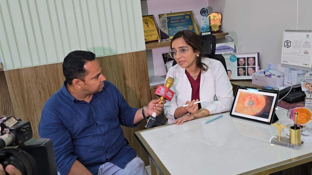 Dr. Devanshi Shah speaking to Aaj Tak at Deevine Eye Care, Ghatkopar
