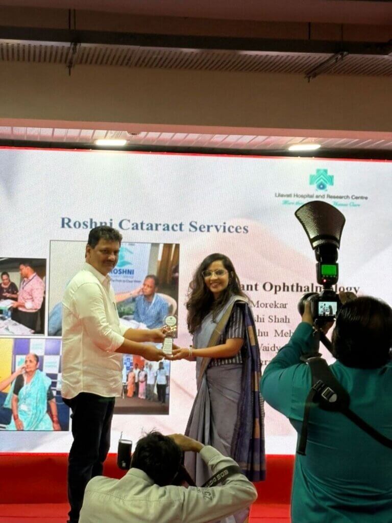 Dr. Devanshi Shah felicitated at Lilavati Hospital Founder's Day 2025 for Roshni Cataract Services